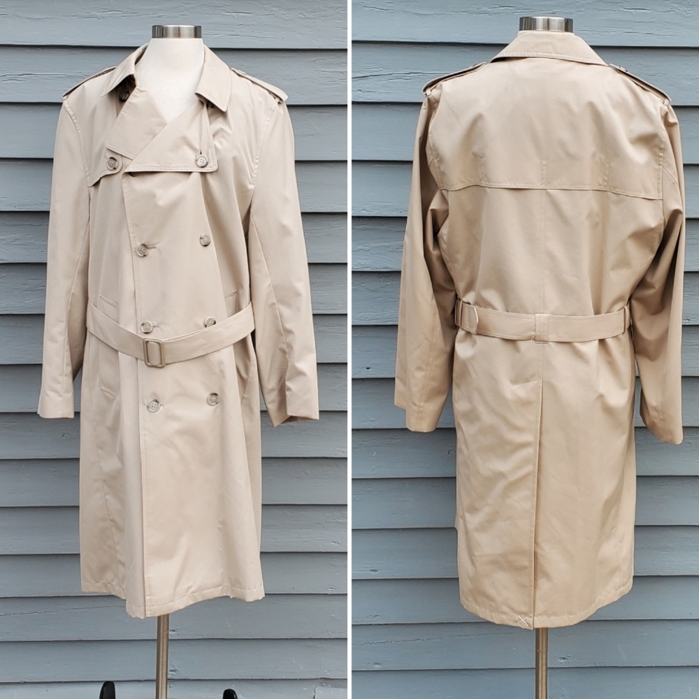 Vintage 80s Towncraft Double Breasted Belted‎ British Khaki Faux Fur Trench Coat
